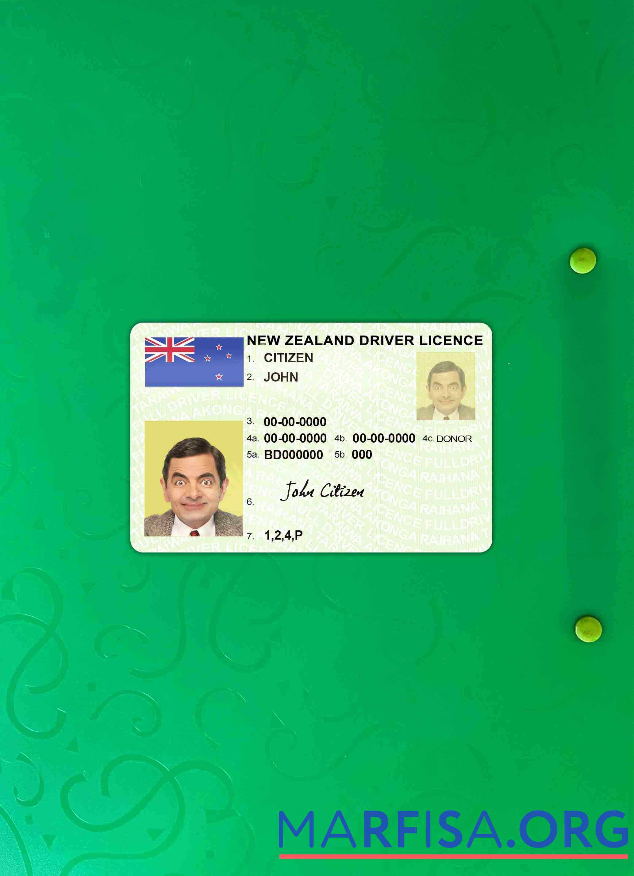 Printable New Zealand green driving license (fully qualified) photolook real example